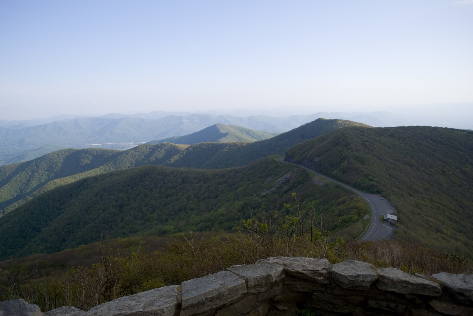 The Blue Ridge Parkway and Craggy Gardens Visitor Center from the lower overlook.