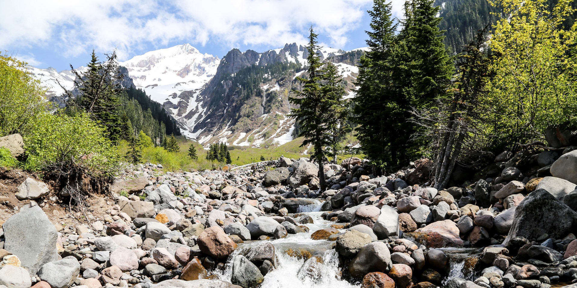View up the Muddy Fork riverbed with Mount Hood (11,249') in the distance.
