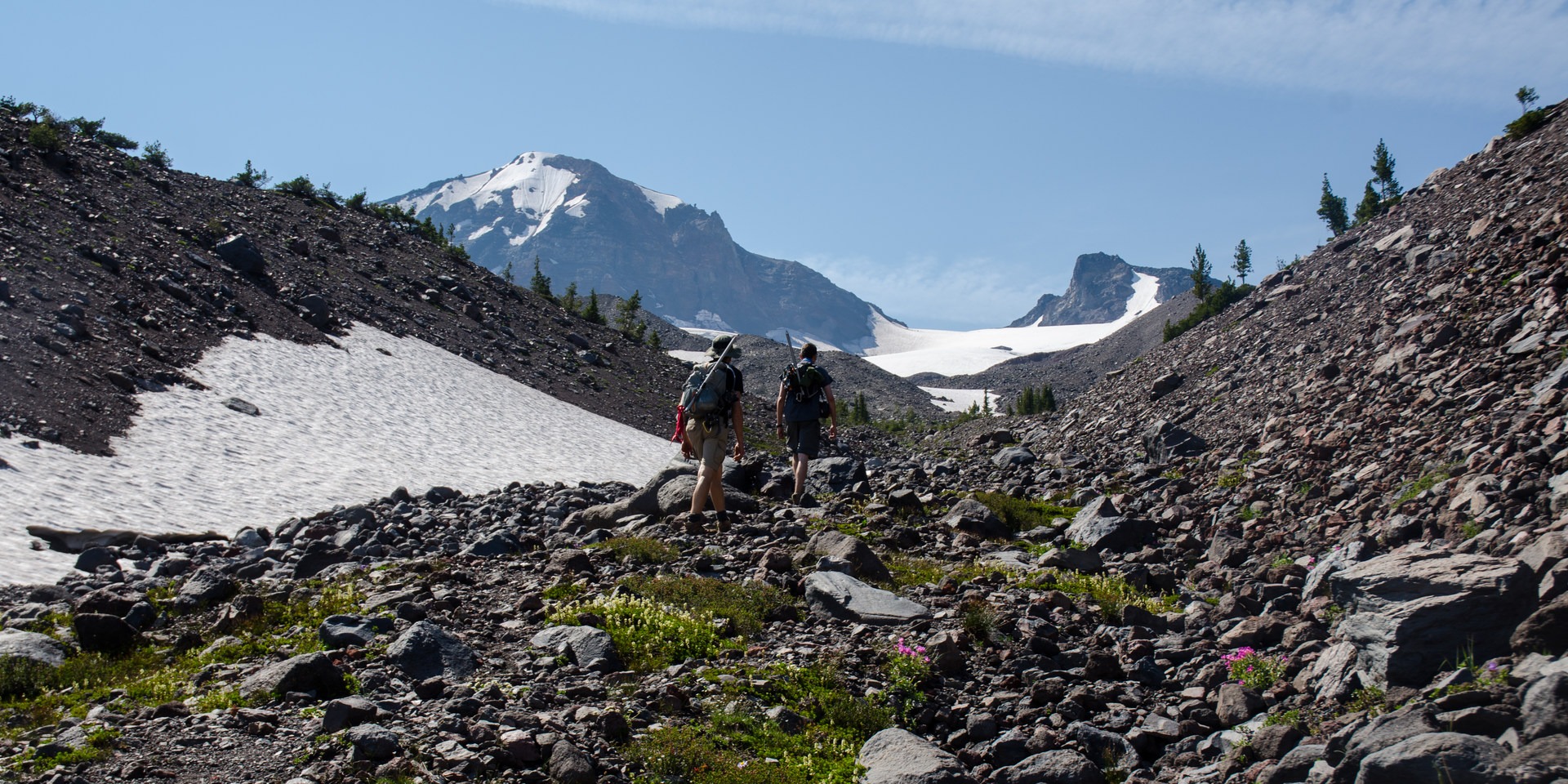 Making our way up the "funnel" to the base of Hayden Glacier. Middle Sister (10,047') and Prouty Point in the distance.