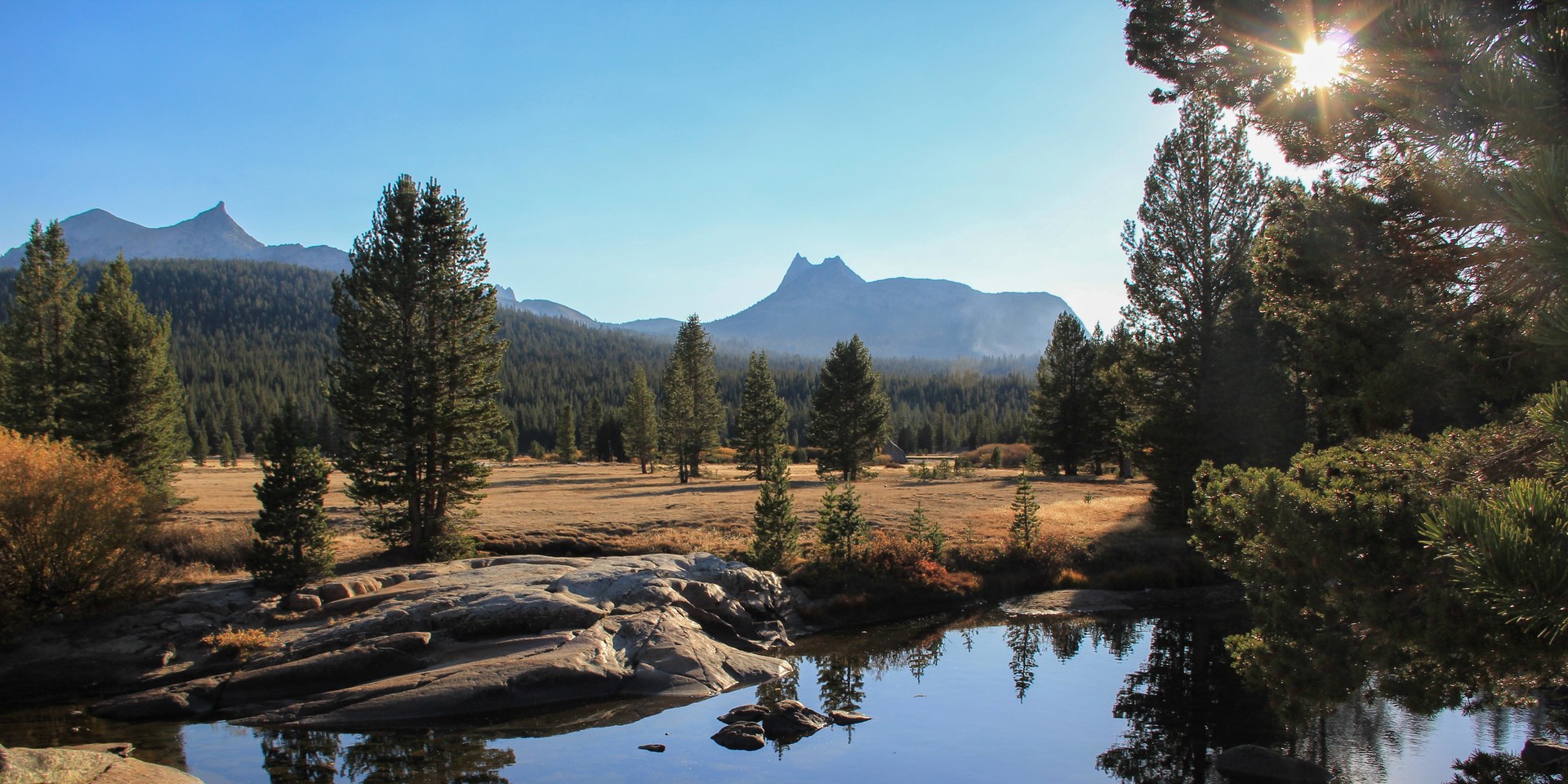 Tuolumne River near Sodas Springs with Unicorn Peak (10,823'), left, and Cathedral Peak (10,912'), right, in view.