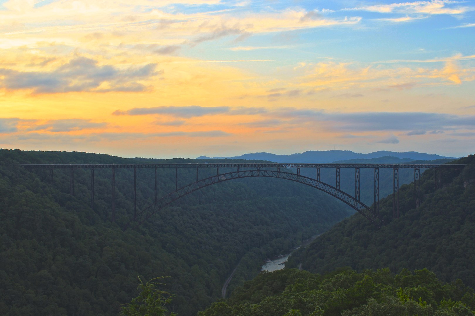 New River Gorge Bridge seen at sunset.