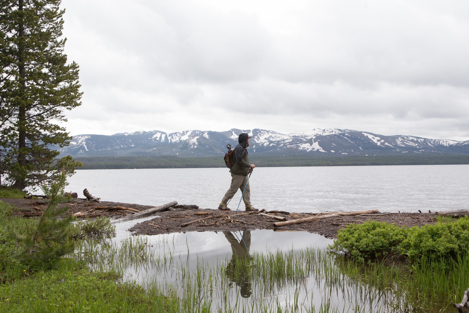 Lewis Lake's north shore with the Red Mountains in the background.