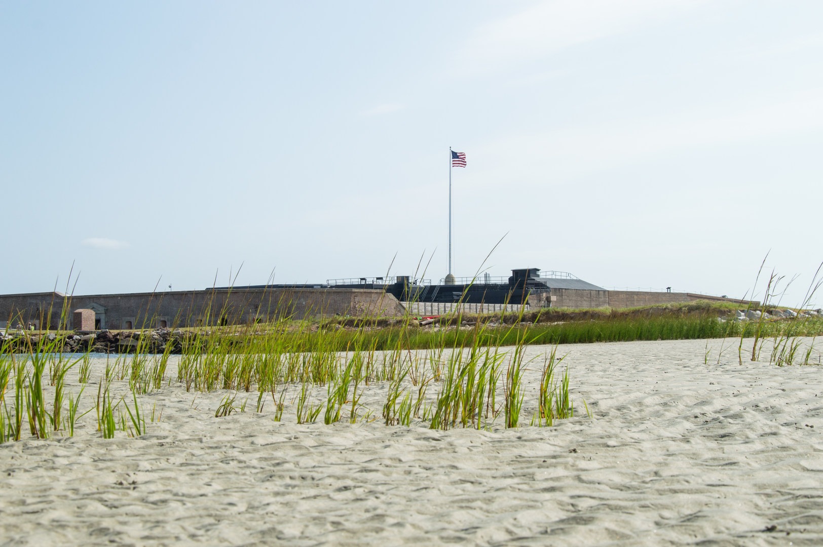 You can stroll on the wide beach by Fort Sumter at low tide.