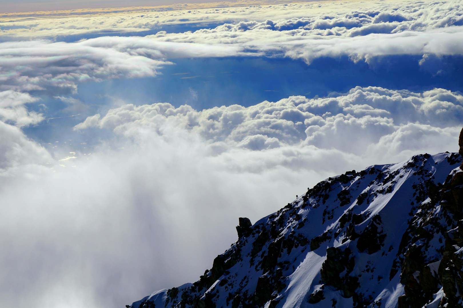 Two climbers ascending the West Buttress just past Washburn's Thumb.