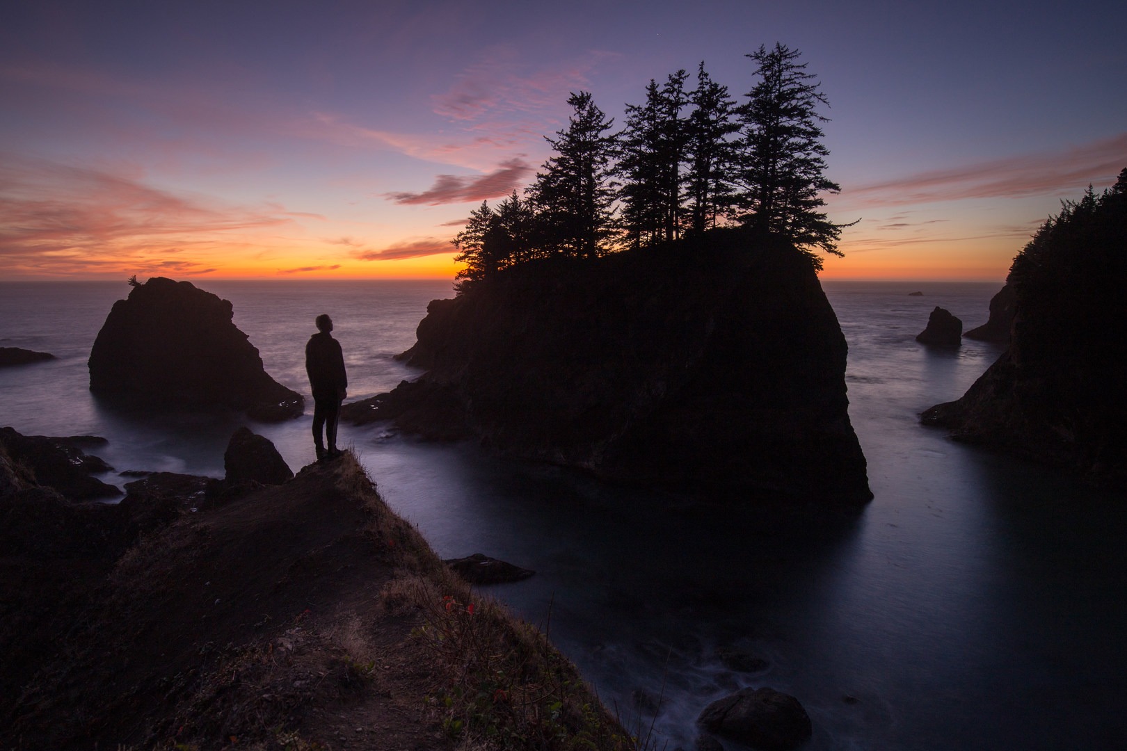 Enjoying the colors of sunset as they disappear in Samuel H. Boardman State Scenic Corridor.