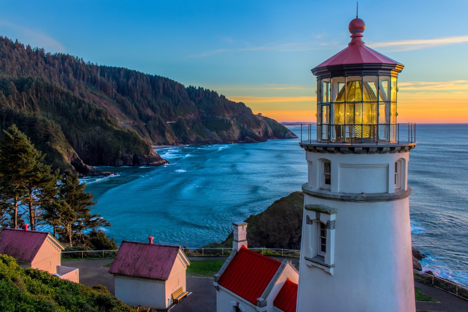 Heceta Head Lighthouse at sunset.