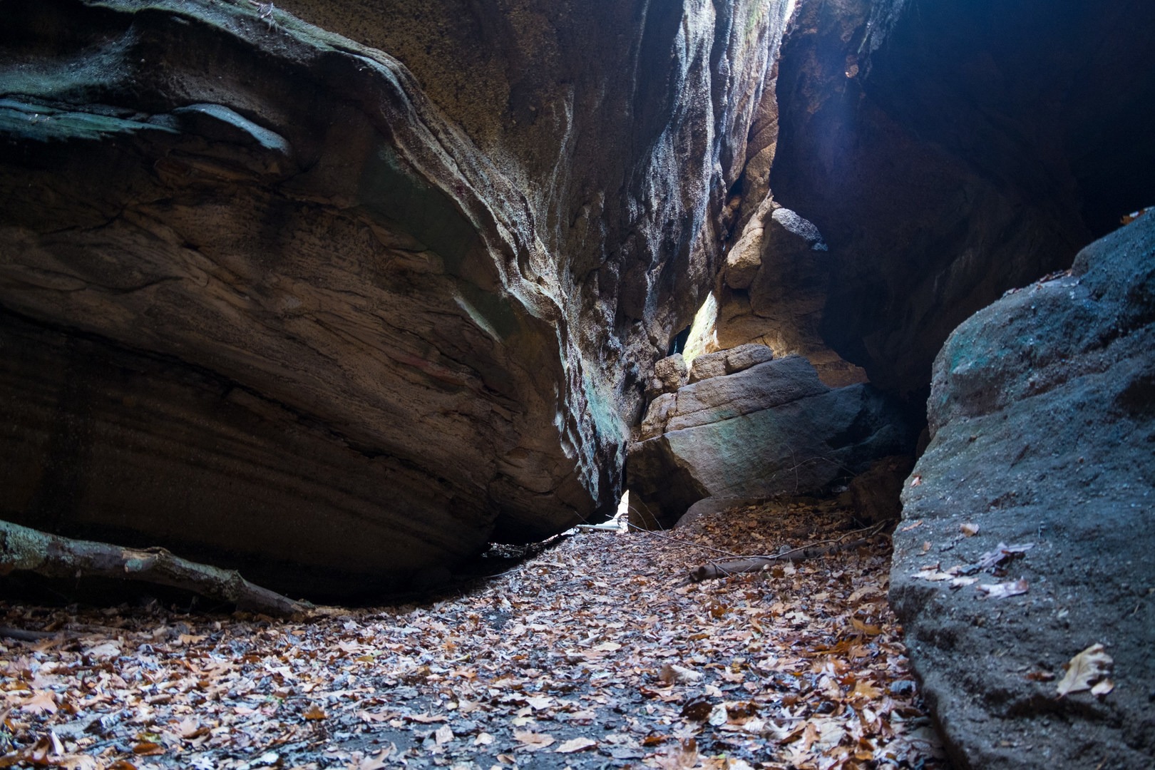 Light breaks through the roof of a cave.
