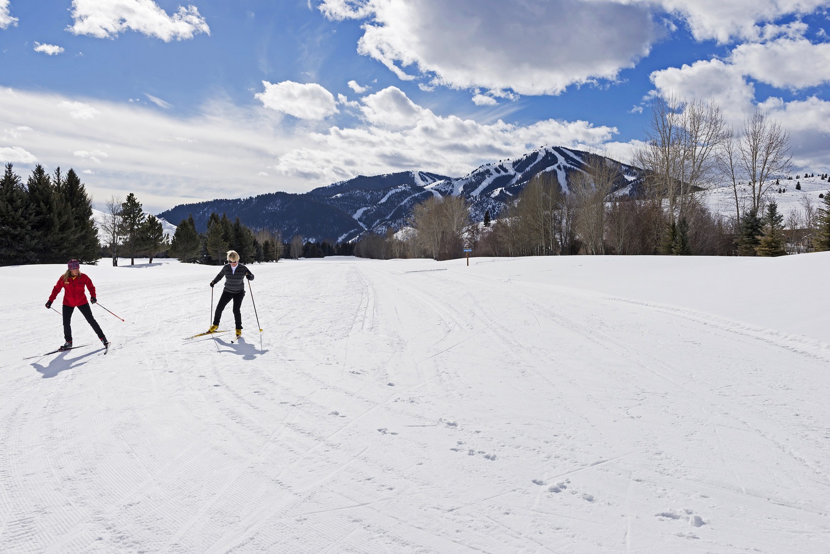 Looking southwest toward Bald Mountain, the Sun Valley Lodge, and the town of Ketchum. The easiest green runs are down this direction.