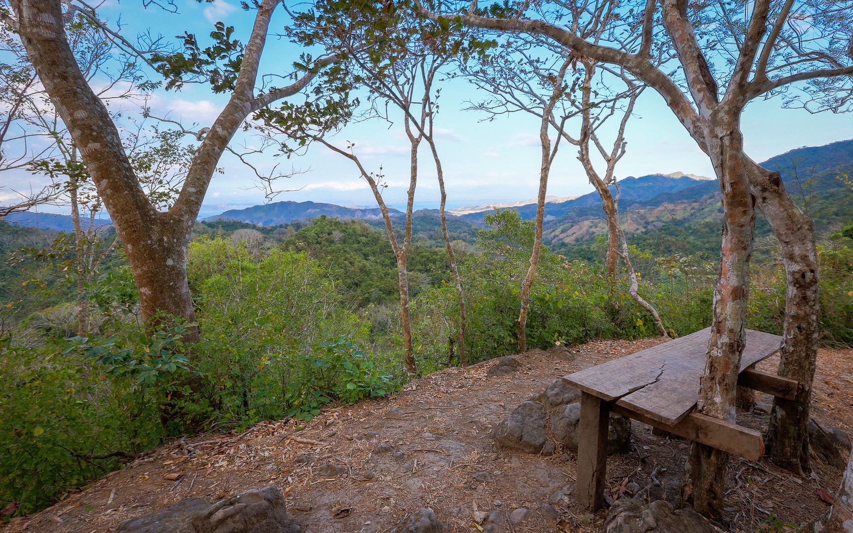 The summit of the Mirador del Golfo Trail, with panoramic views across the Gulf of Nicoya with Monteverde in the far distance.