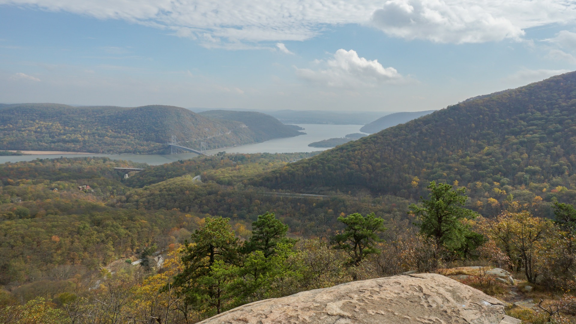 Anthony's Nose (left) and Bear Mountain State Park (right) line the Hudson River and are connected by the Bear Mountain Bridge.