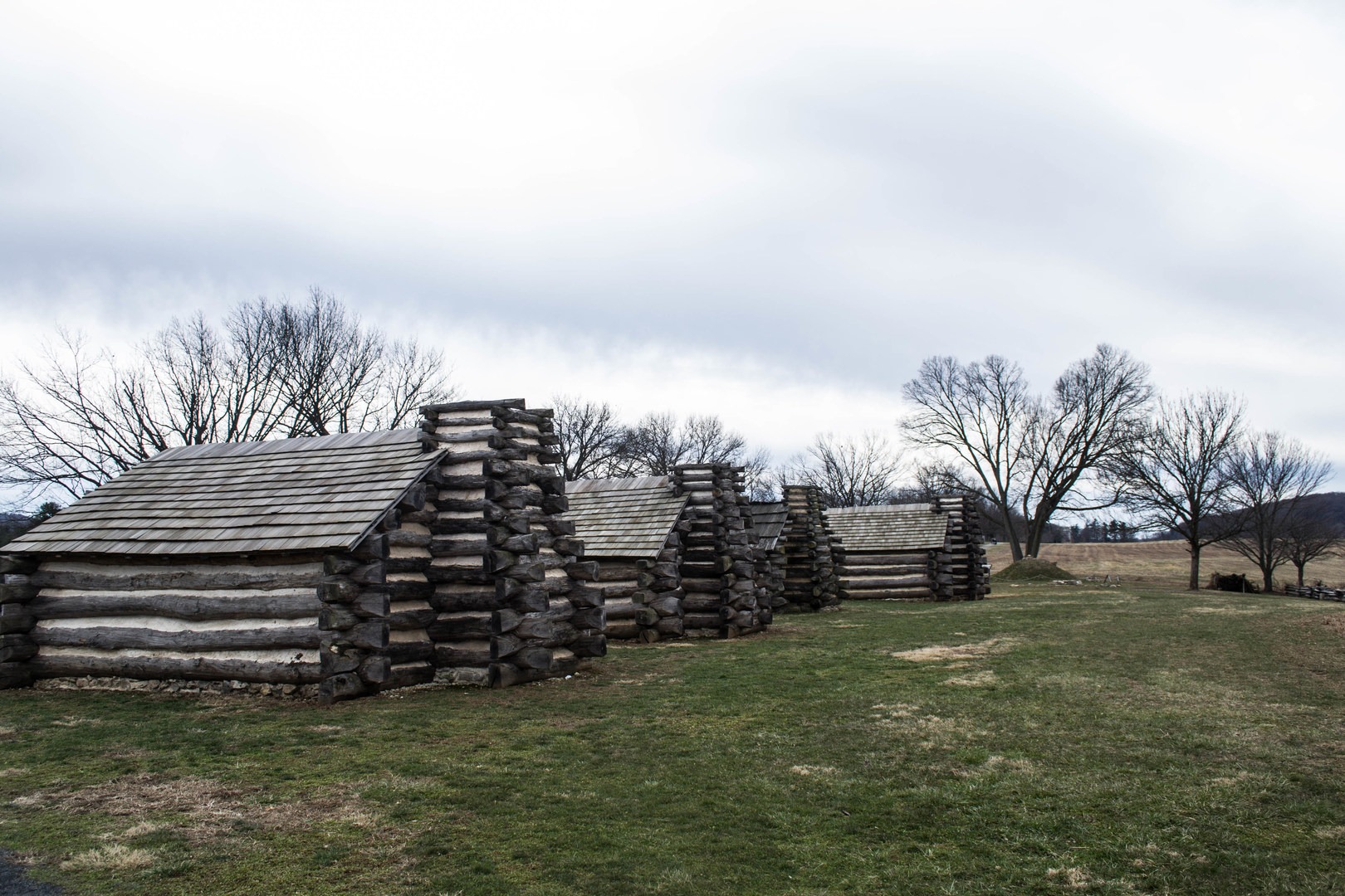 One of Valley Forge's most famous features, the log cabins.