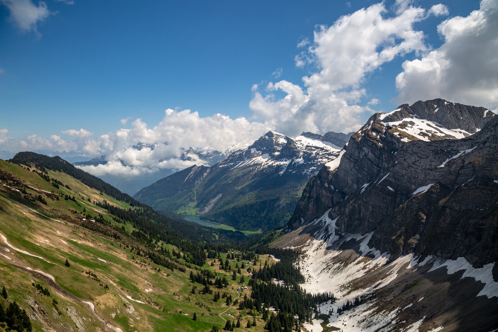 The view from Bockmattlistock looking east. The Lake Obersee can be seen in the valley.