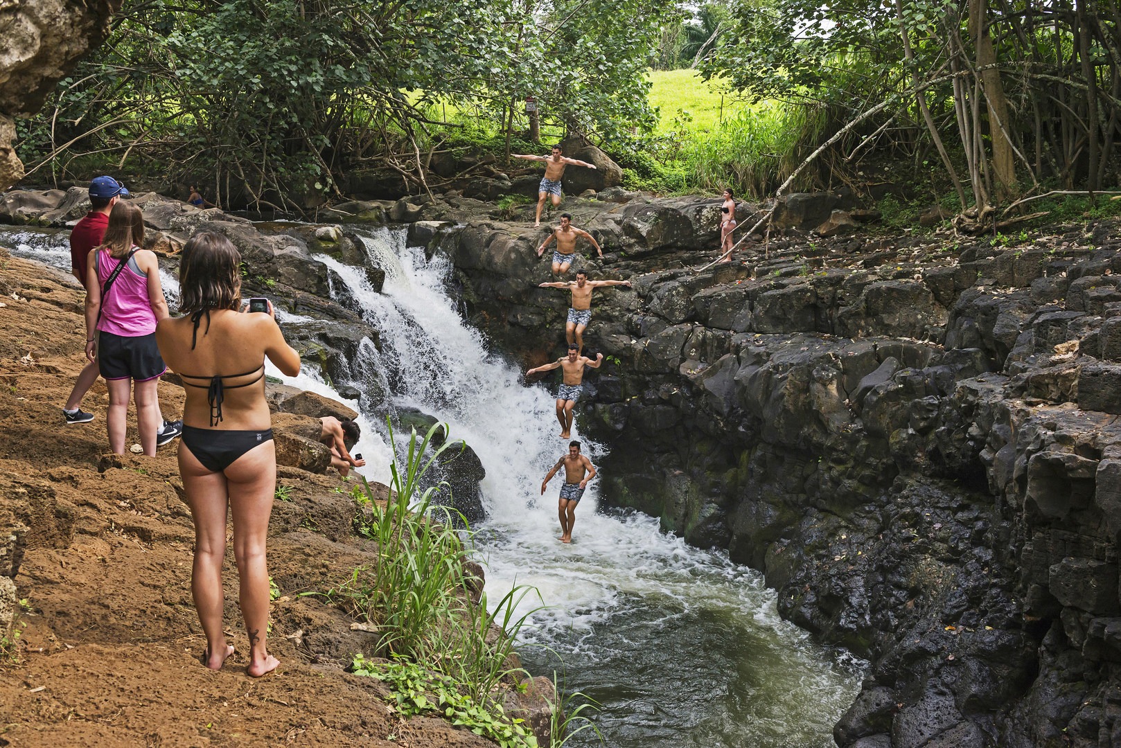 This edited photo shows you where to jump and where to enter the water. The pool is normally about 10 feet deep.