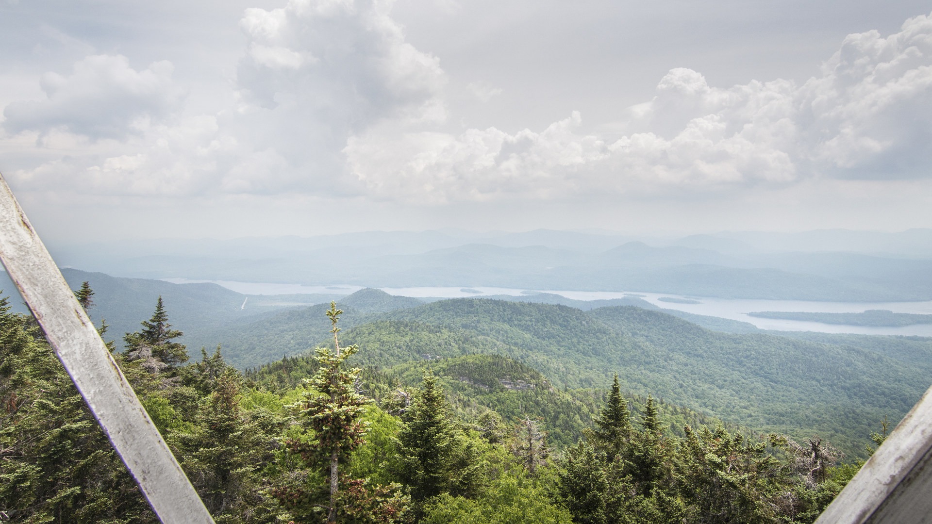 Climbing the fire tower and looking out to the east over Indian Lake.