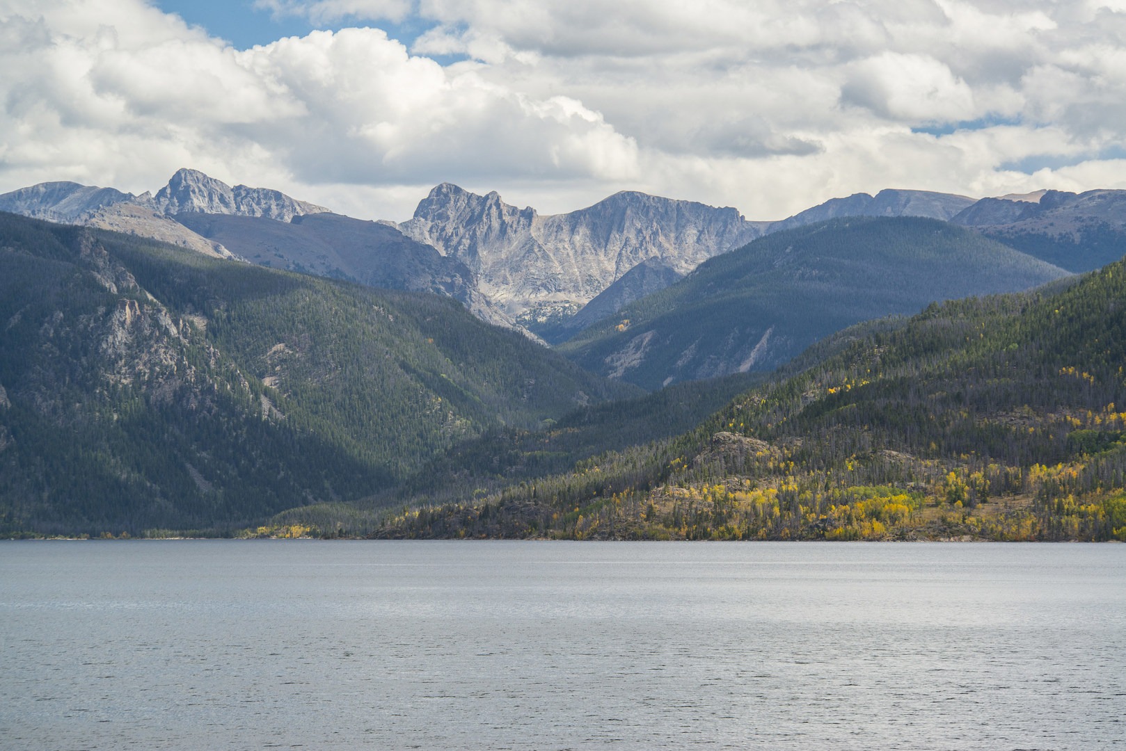 Eastern views of Lake Granby and the Front Range (Indian Peaks Wilderness) from Sunset Point Campground.