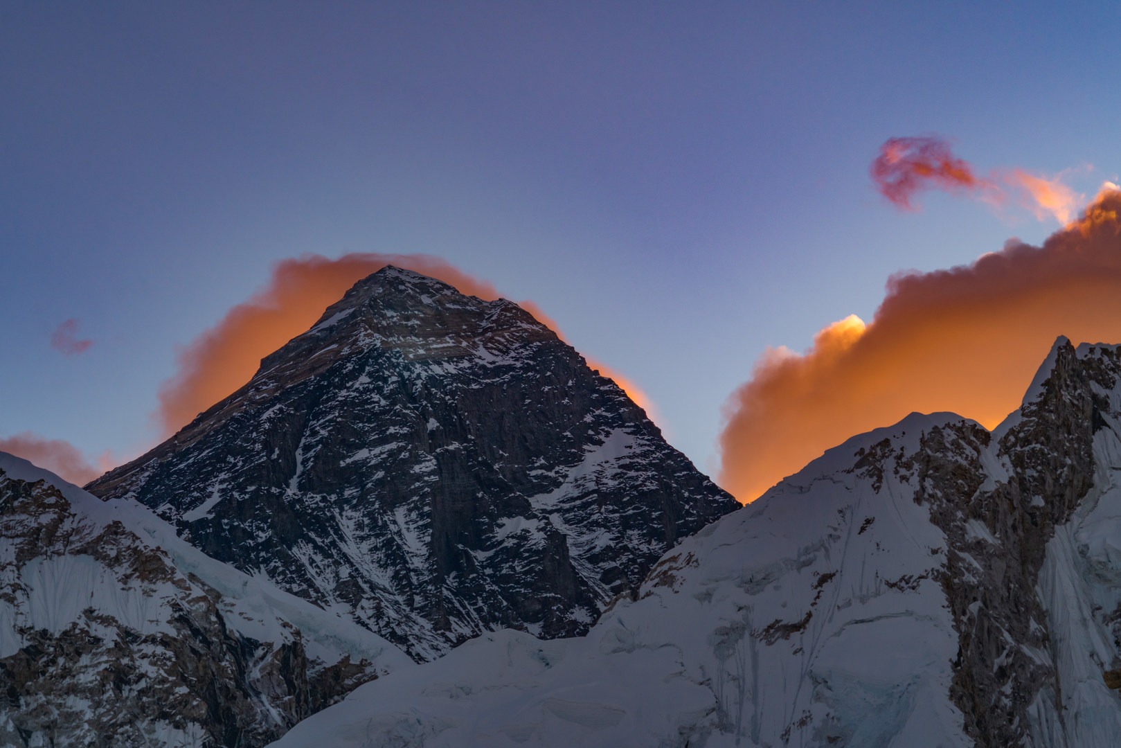 Mount Everest at sunrise is best seen from the nearby peak of Kala Pattar, the highest point of most trek itineraries.