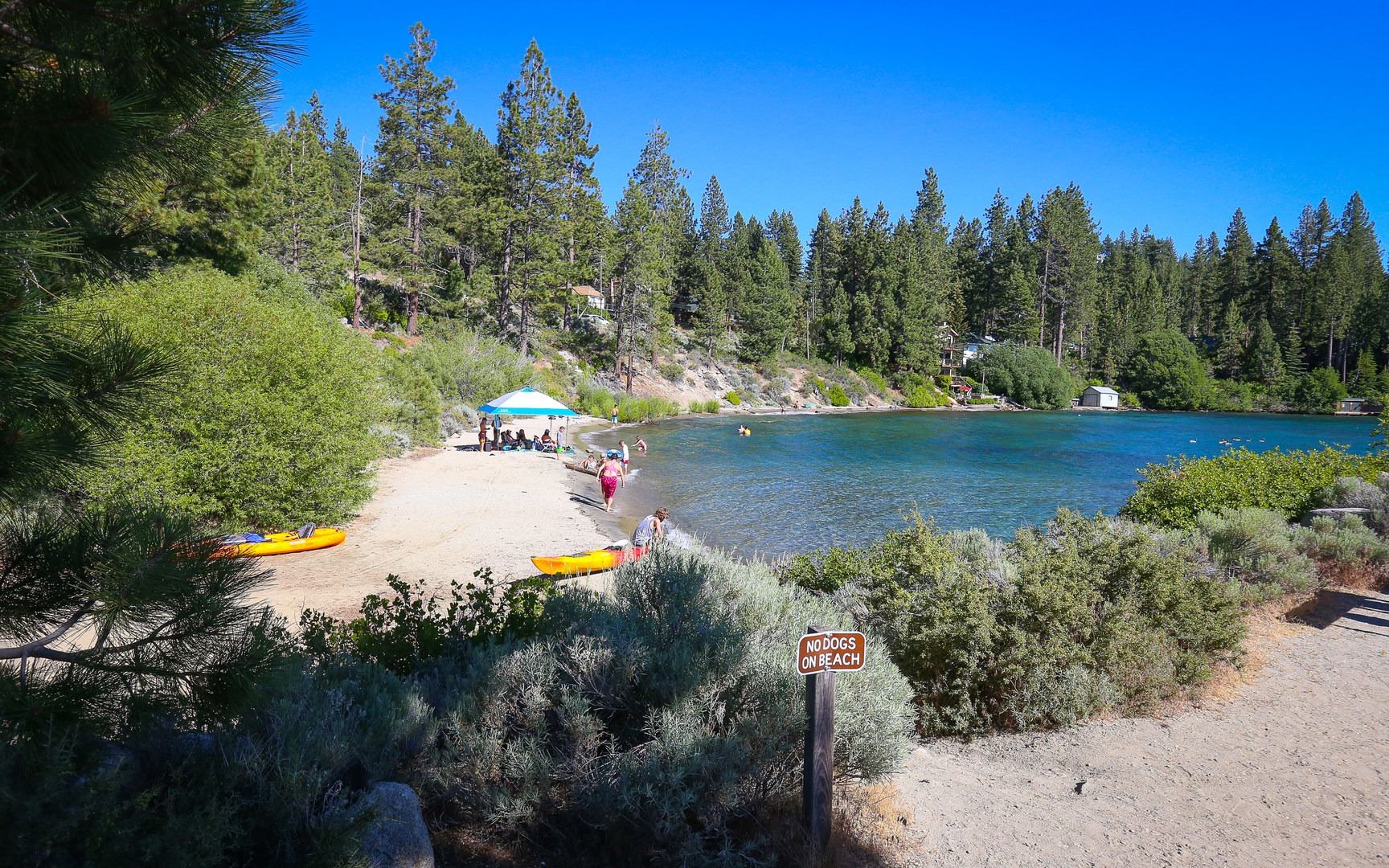 The sandy shore and calm water provide a family-friendly beach area.