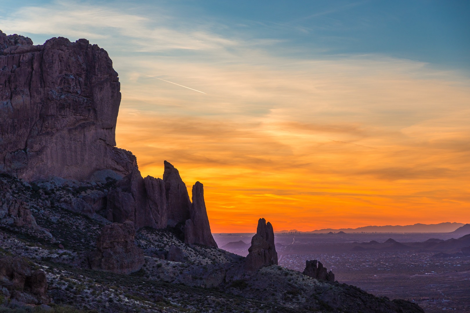 Hiking out of the Superstitions at sunset.