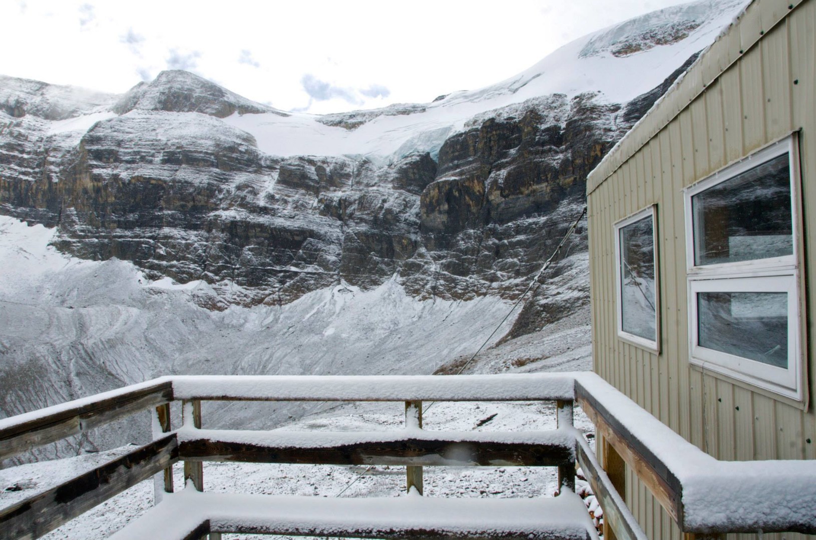 Looking up at the Vulture Glacier from the porch on the Bow Hut's south side.