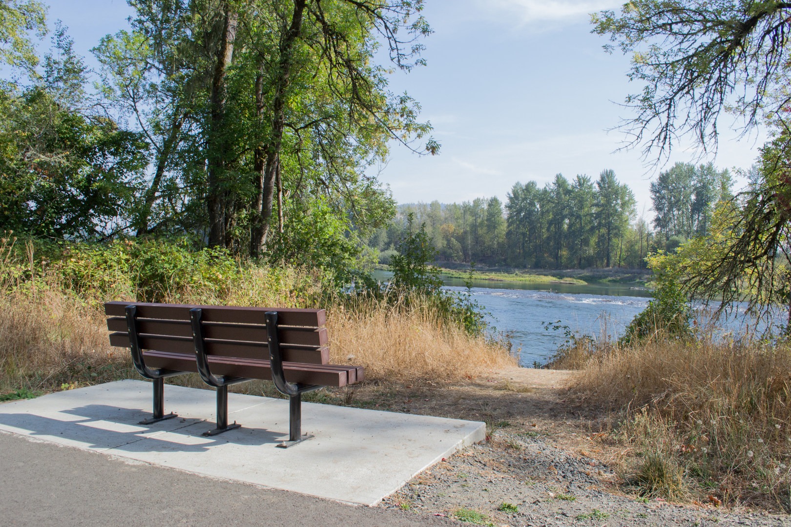 One of many benches along the Middle Fork Path with views of the Willamette River.