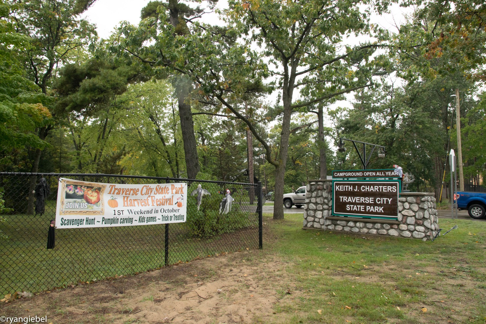 Entrance to the campground with an advertisement for the Harvest and Haunts Festival.