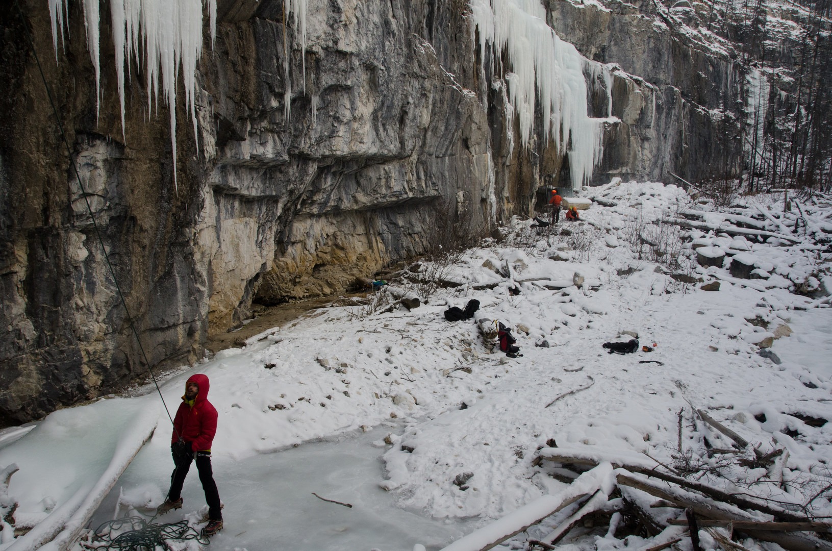 Early season conditions at Haffner, looking up the creek to the second ice flow that is not yet touching down.