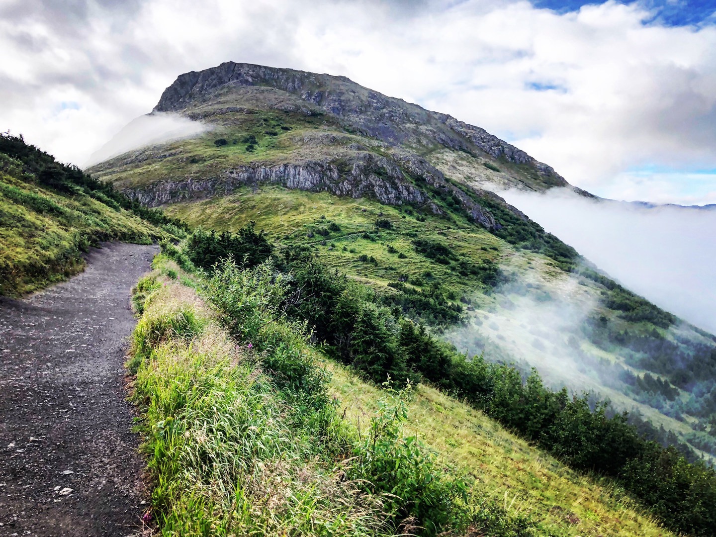 Flattop Mountains as seen from the early stages of the hike just before the trail turns steep.