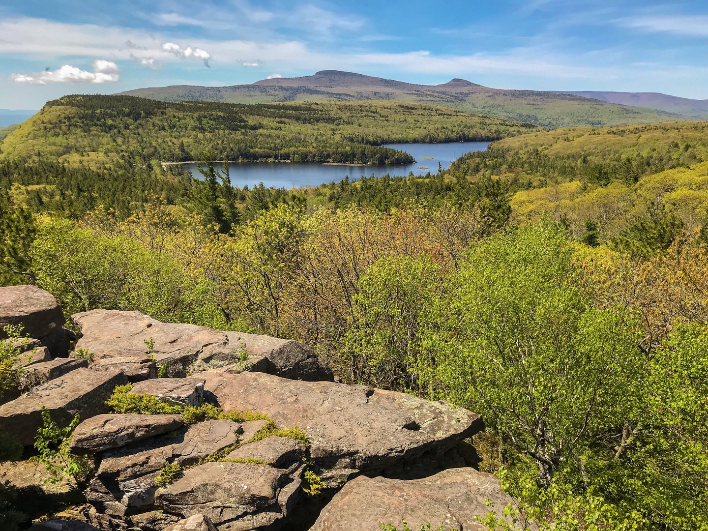 Sunset Point looking south toward North South Lakes and the distant peaks of Kaaterskill, High Peak, Plateau, and Round Top mountains.