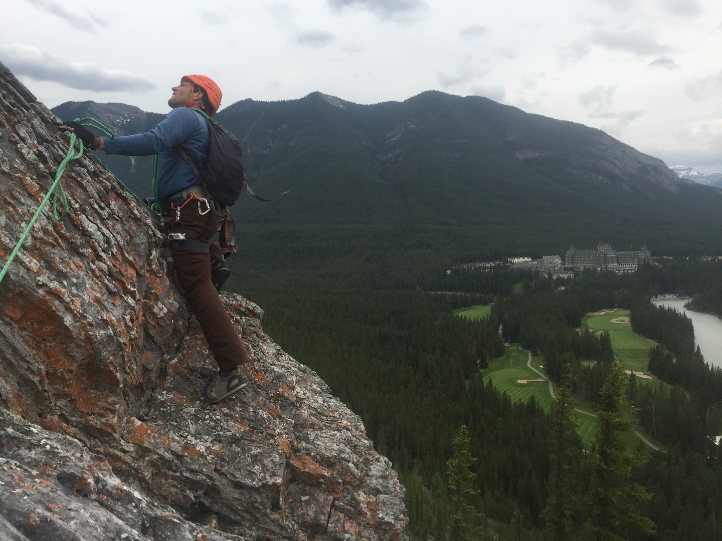 Checking out better ground with the Banff Fairmont in the background.