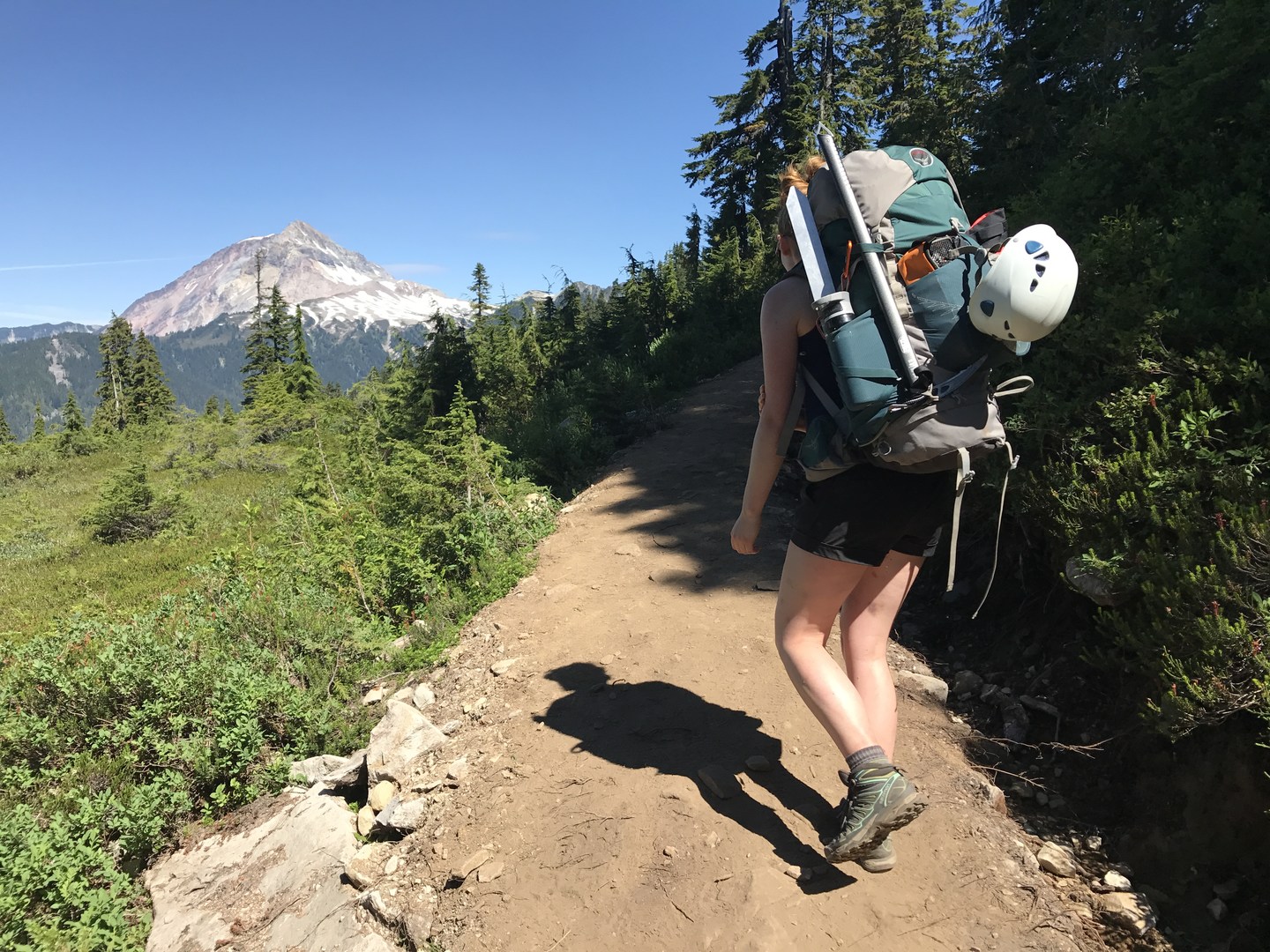 Walking the Elfin Lakes Trail with Mount Atwell ahead.