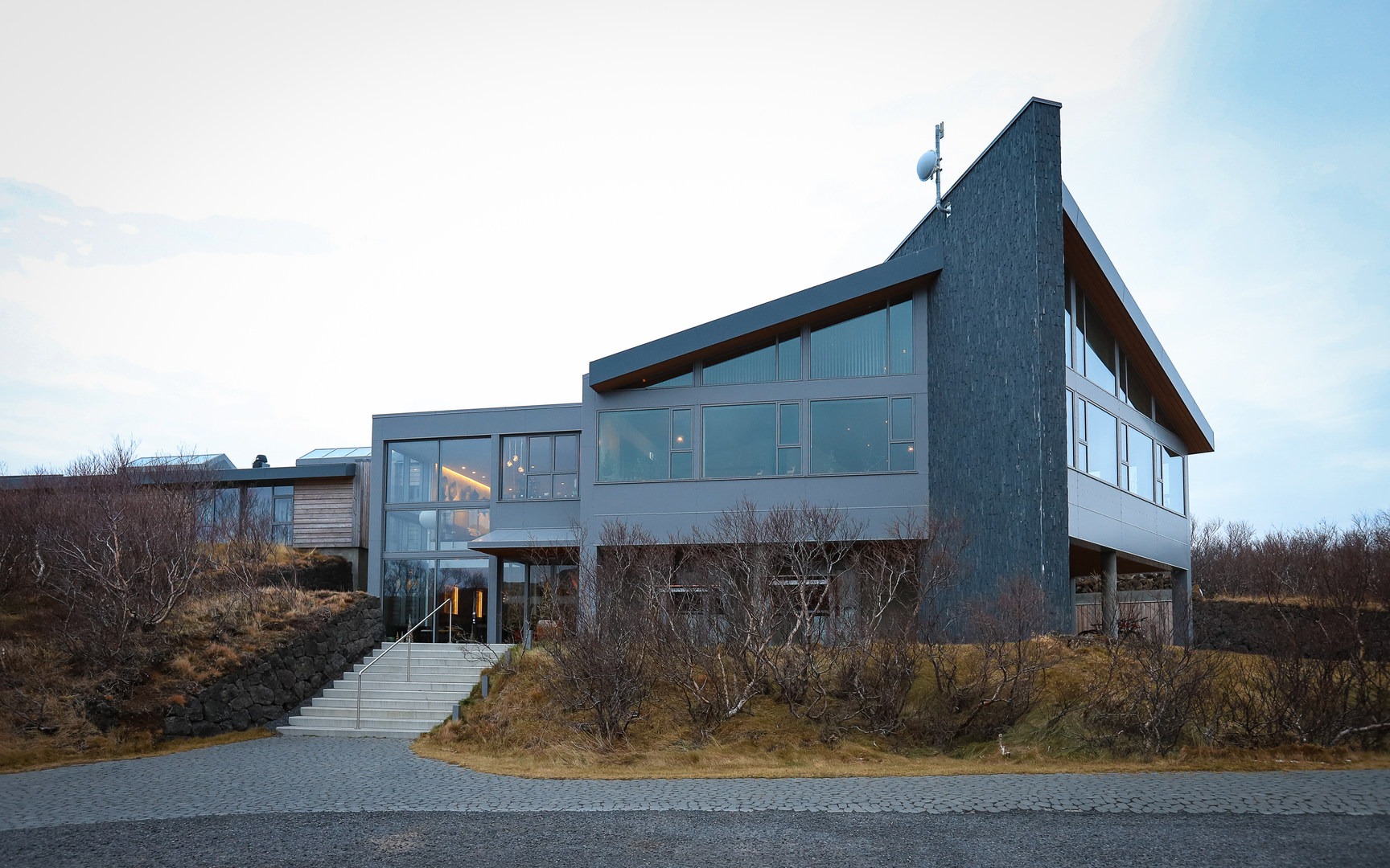 Hotel Húsafell is a new modern hotel building in an isolated mountainous area of West Iceland.