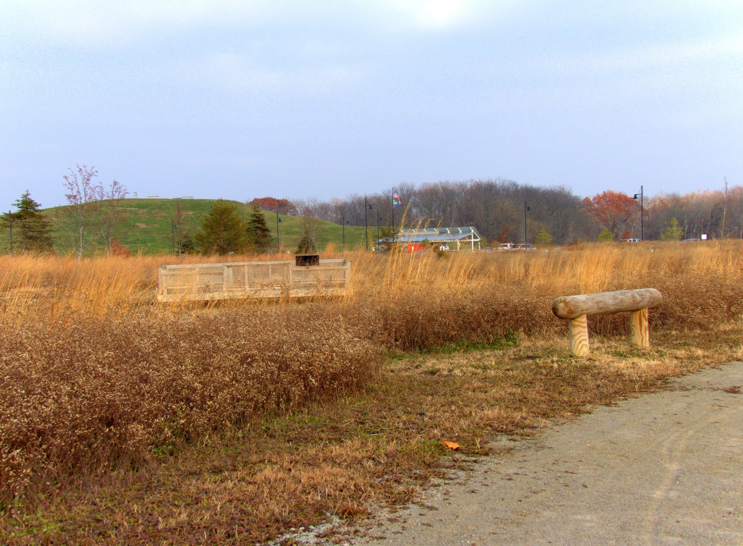 The sled hill in the distance on the Flat Fork Creek Park Nature Trail.