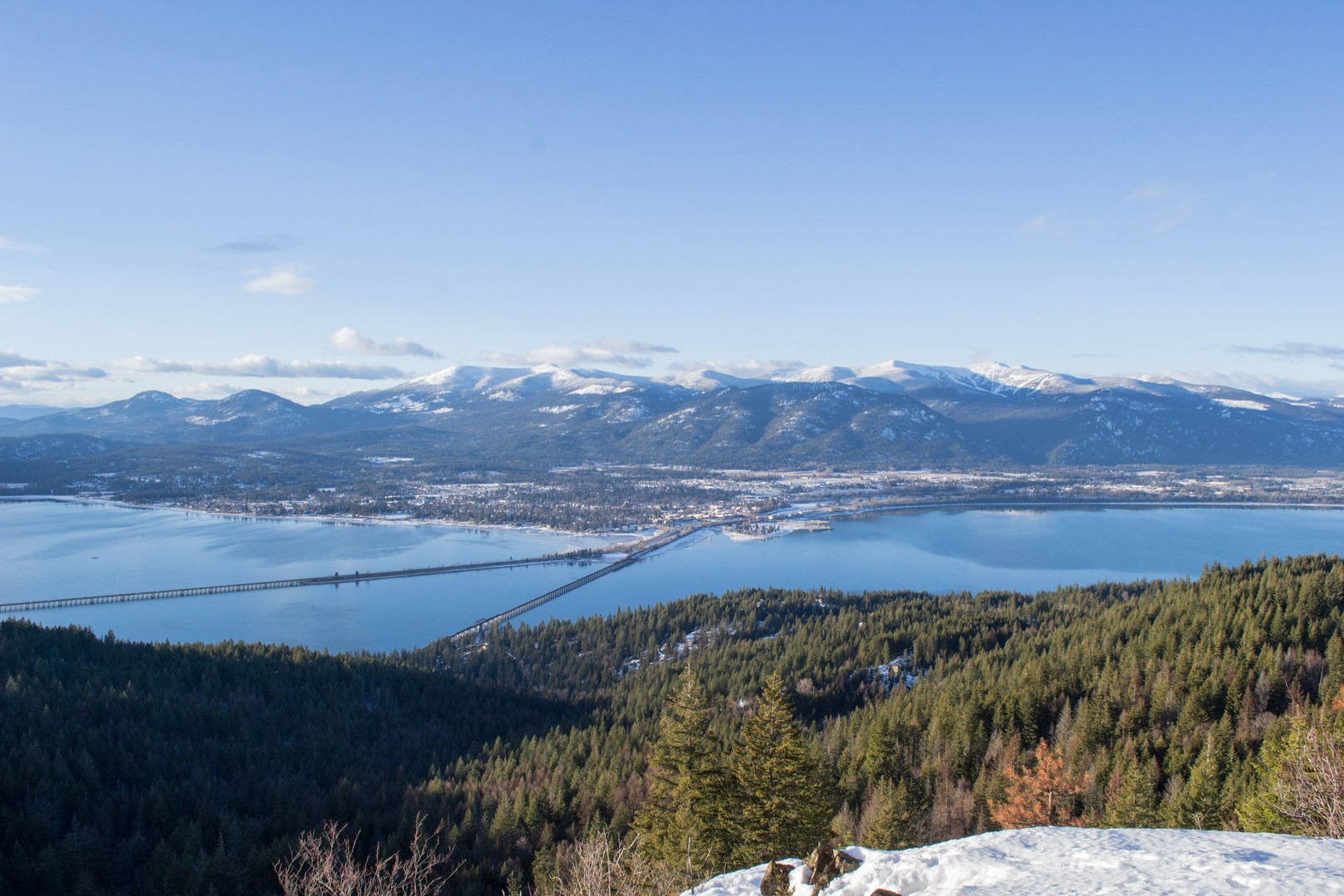 Panoramic views of Lake Pend Oreille, the town of Sandpoint, and the Selkirk Mountains from Gold Hill.