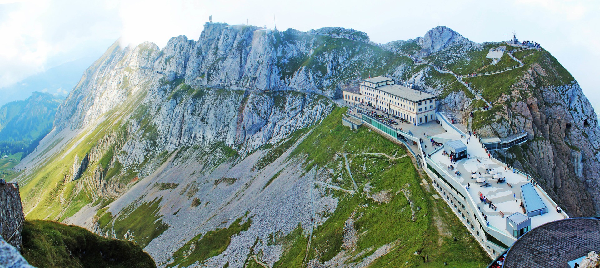 Looking down at the lodge from atop the first viewing platform on Esel Peak (2,118 m) of the Pilatus massif.