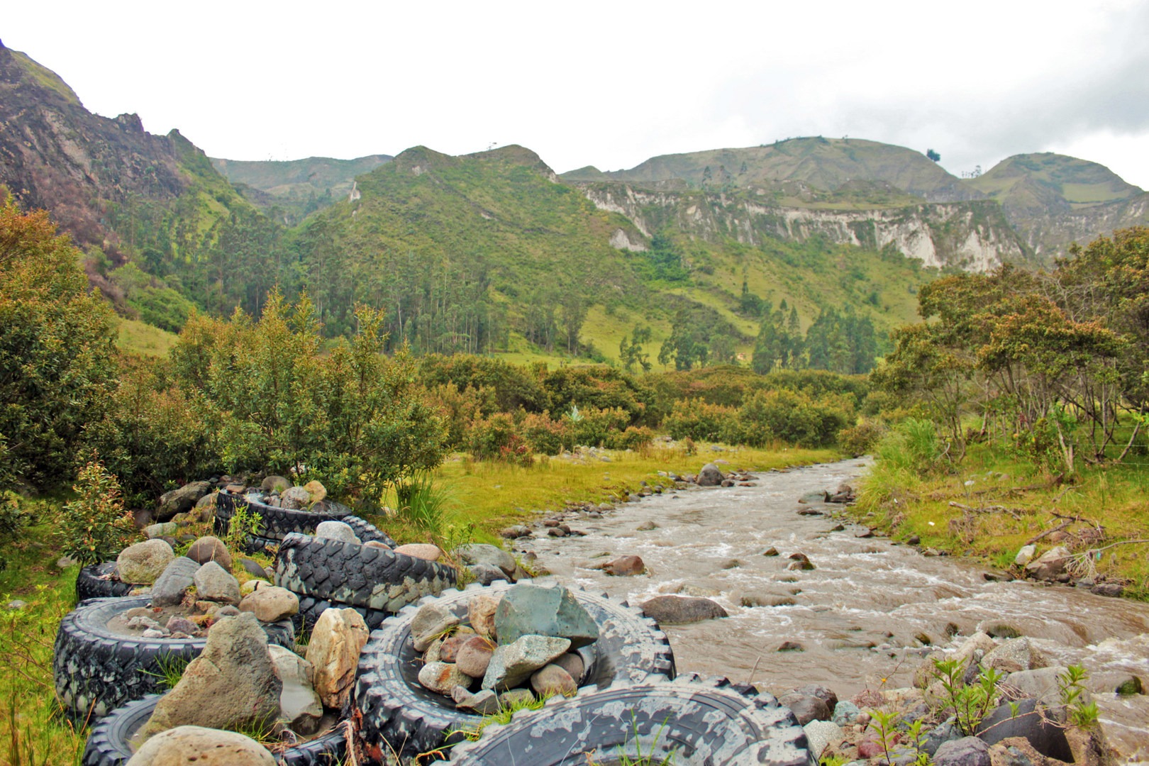 Locals recycle old tires and put them to use as bank reinforcements to protect the river bank from erosion during periods of higher precipitation.