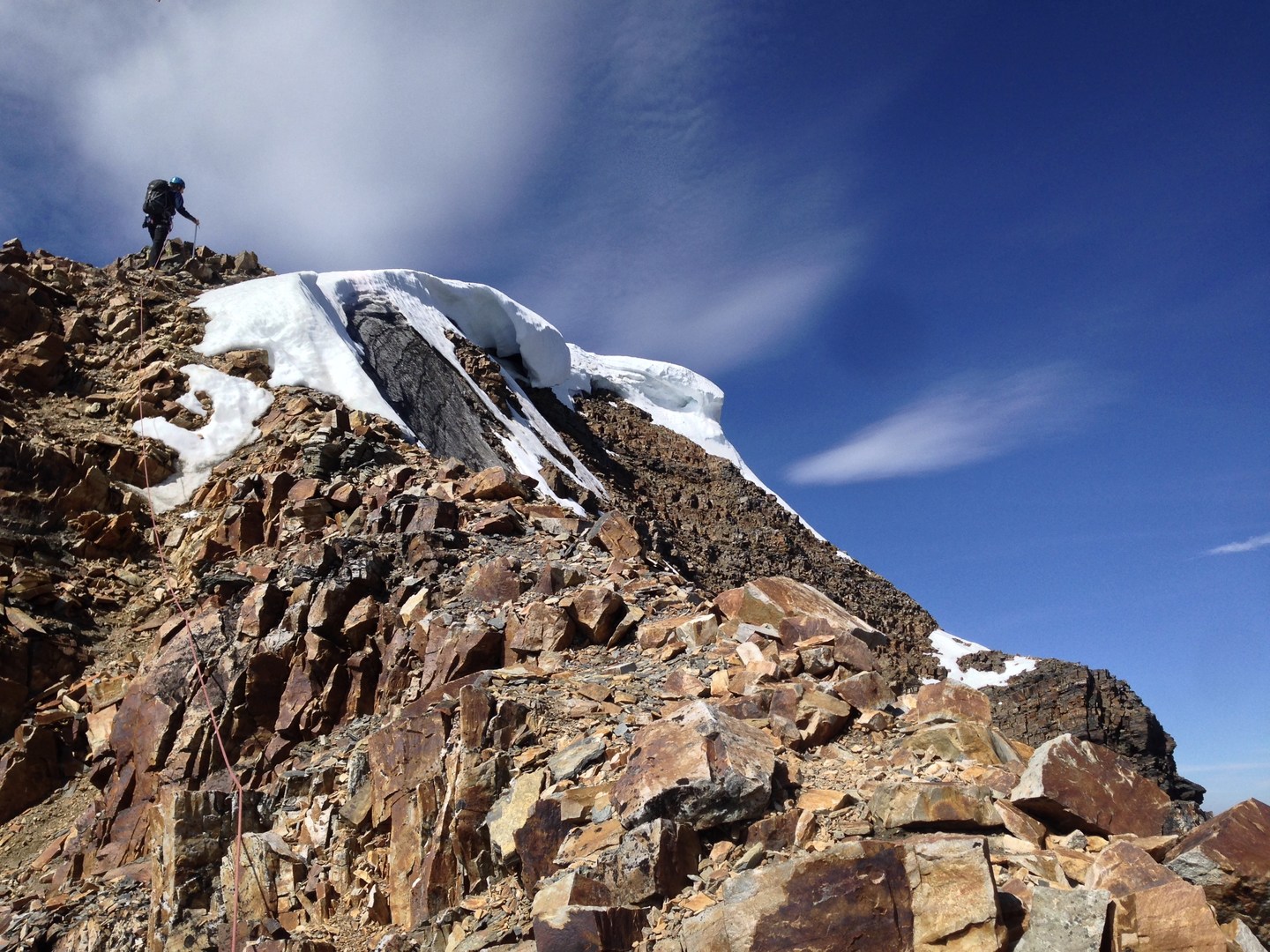 We found it faster to stay roped up. The blocky terrain is very conducive to simul climbing.