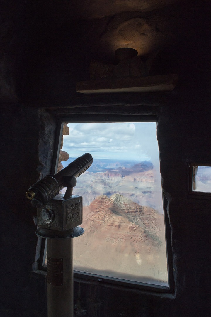 View of the Grand Canyon from inside the top of Desert View Watchtower.