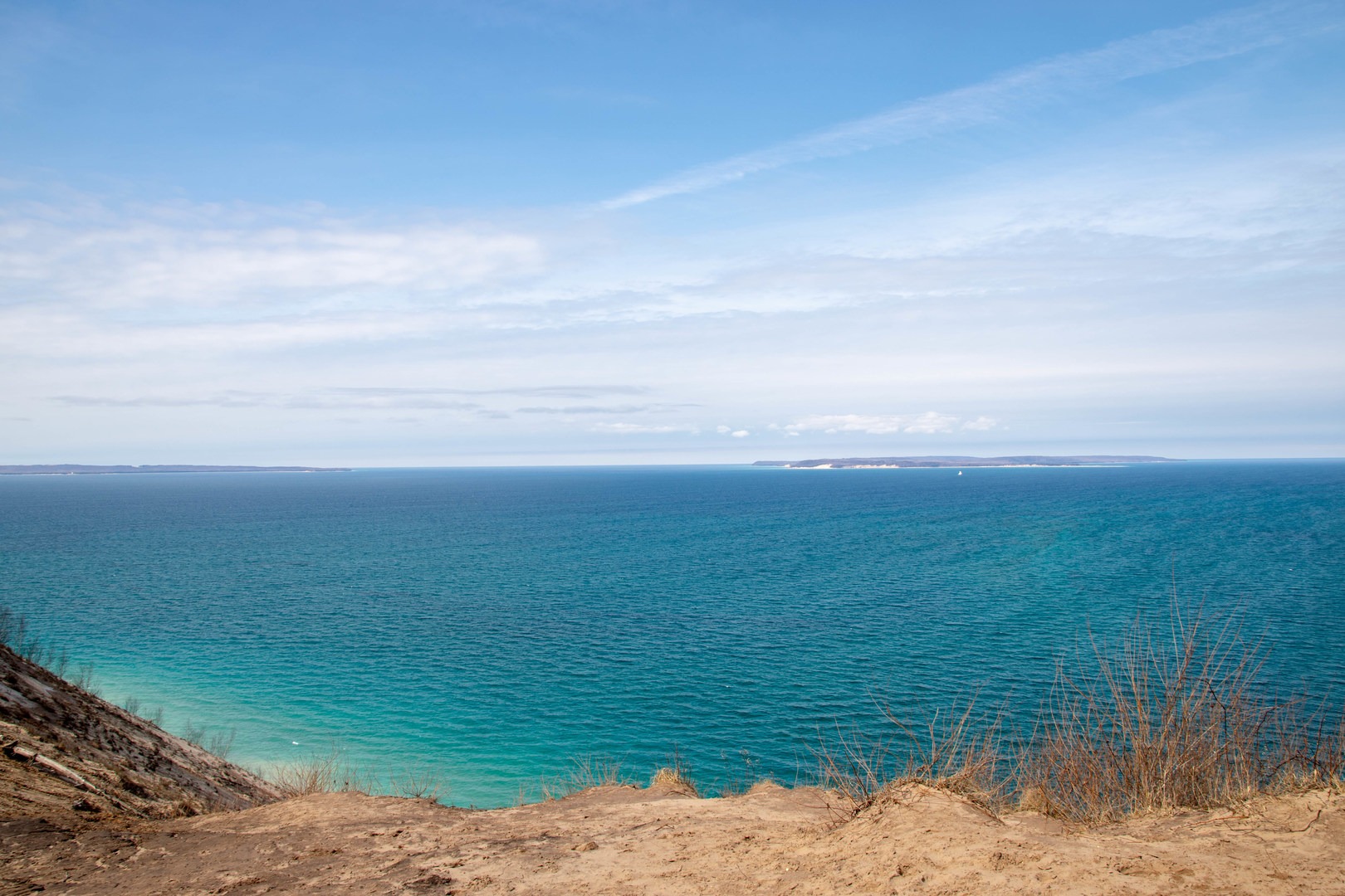 Looking out from Pyramid Point toward North and South Manitou islands.
