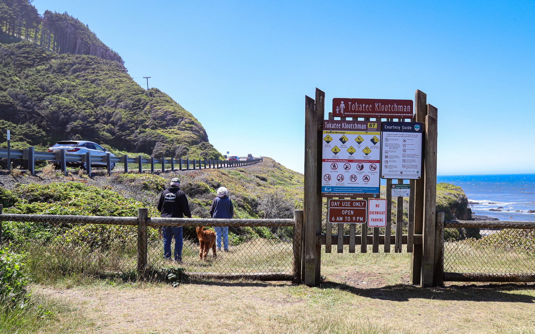 There is a short, steep trail leading down to the sandy beach area from the parking area just behind the park signpost.