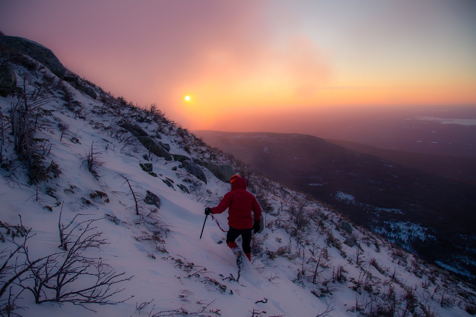 A winter sunrise on the upper end of the Abol Slide of Mount Katahdin.