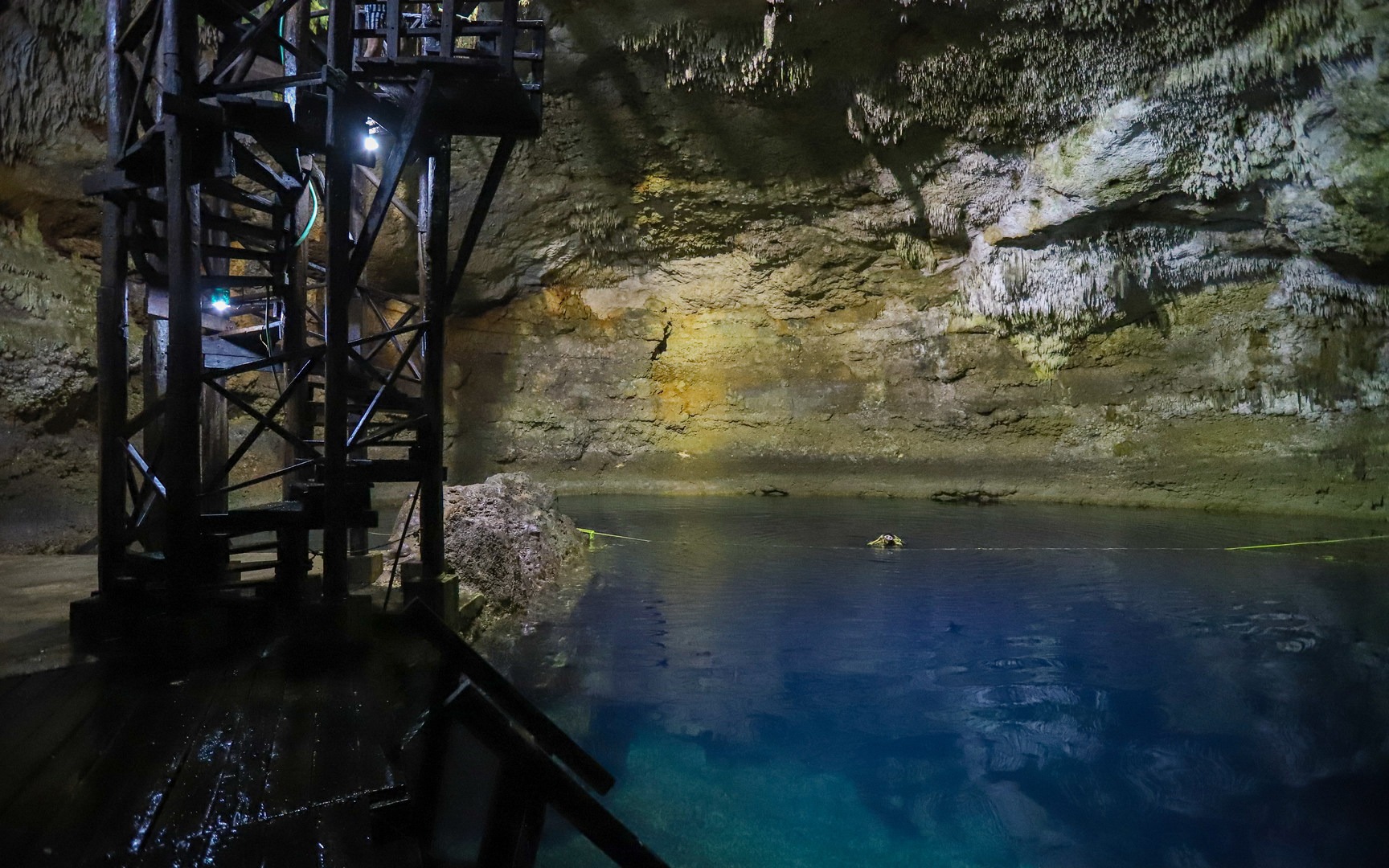 Cenote Tamcach-Ha is in a cavern that receives no natural daylight.