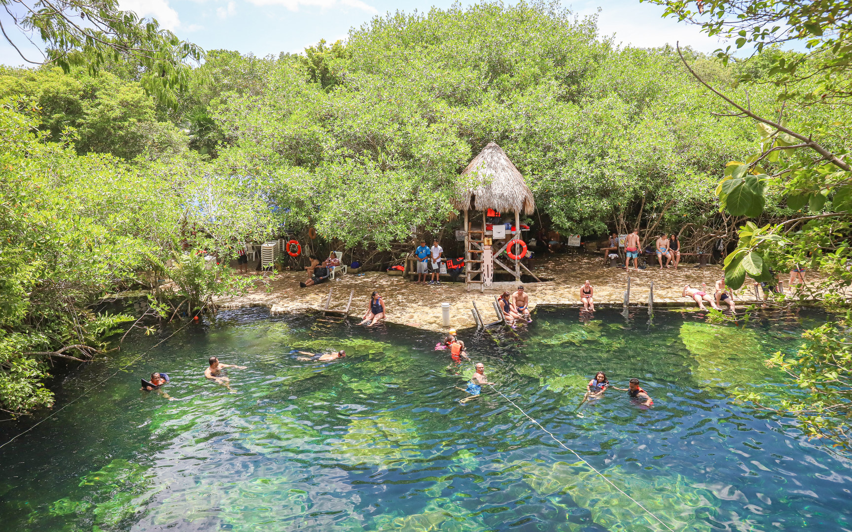 Set in a lush jungle landscape, Cenote Cristalino has a large central swimming area with smaller areas and caves that visitors can swim through.