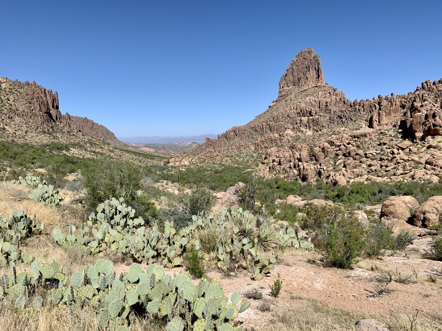 Getting closer to Weavers Needle on the other side of the saddle.