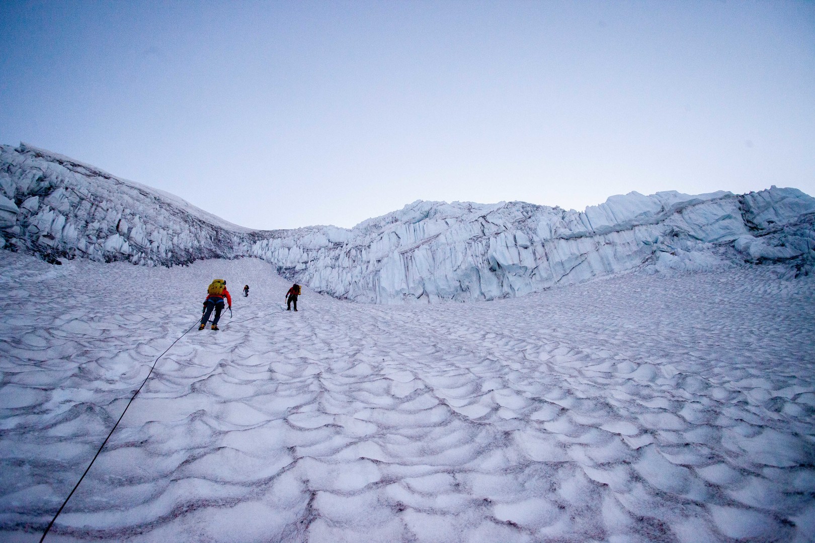 Looking up at the second ice step of the Kautz Glacier.