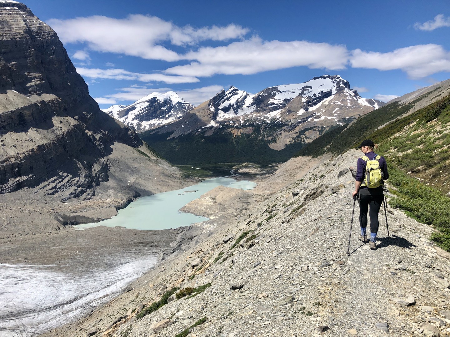 Hiking down the moraine wall from Snowbird Pass.