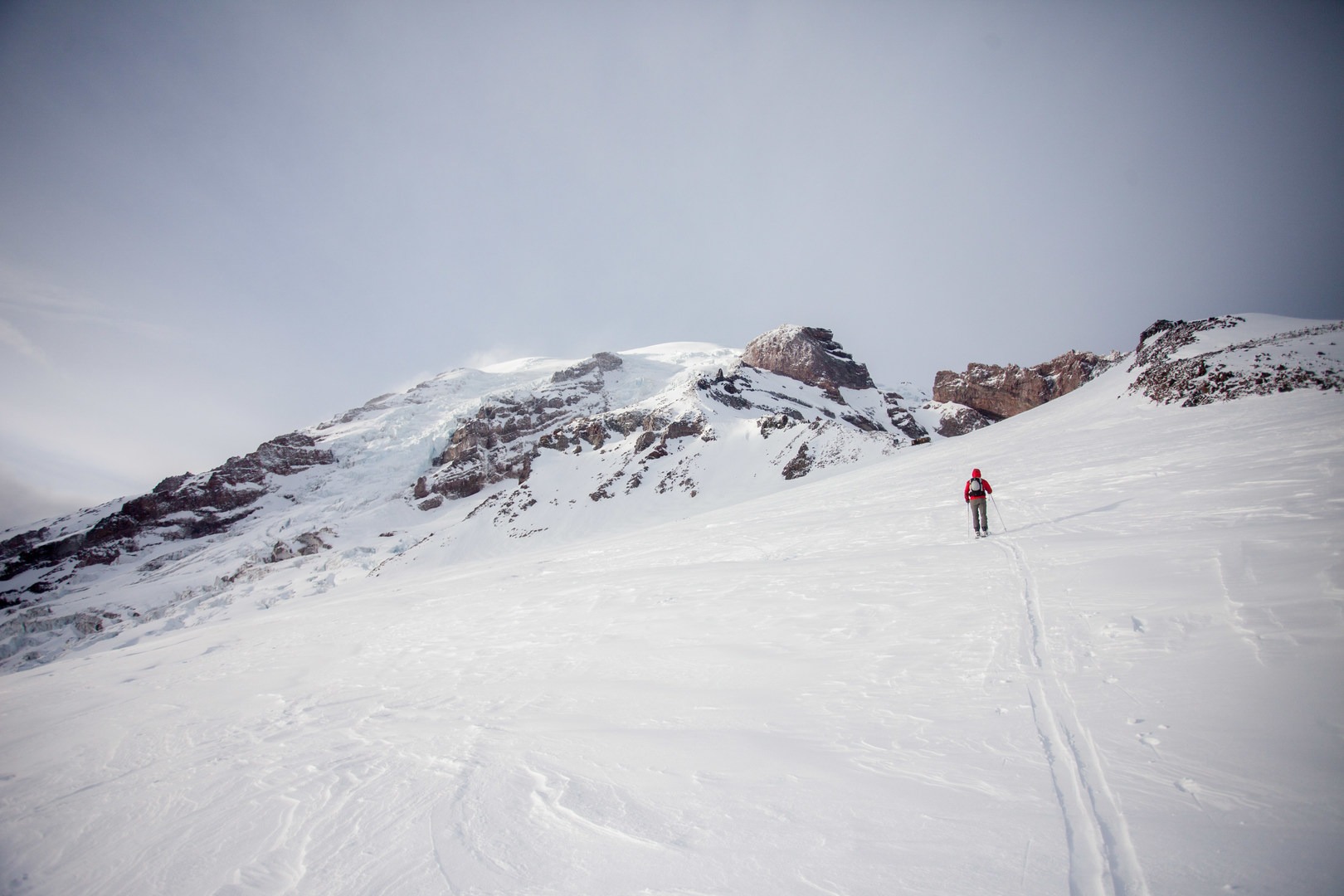 Skinning up the final snowfield to Camp Muir.