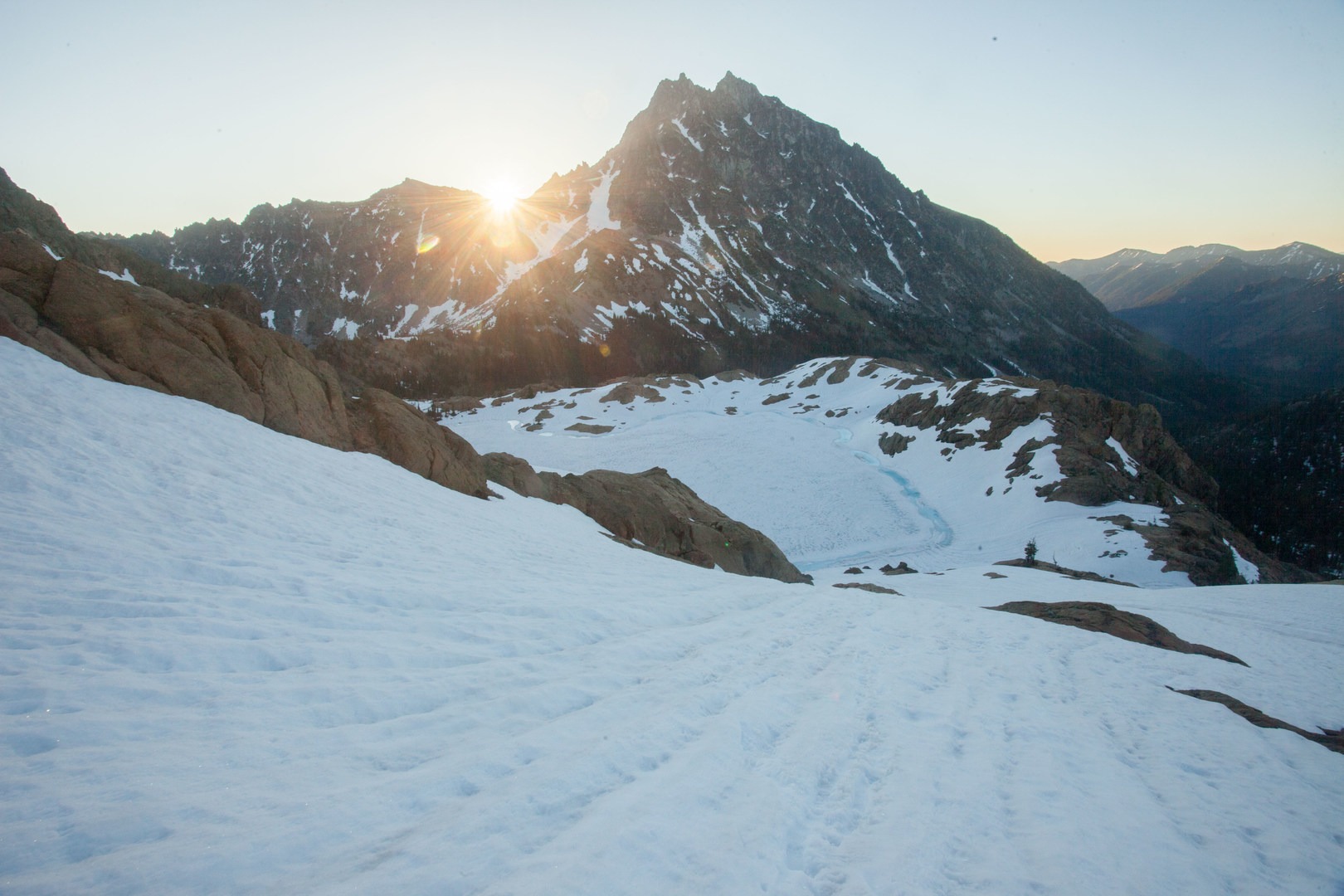 View toward Mt Stuart from above the still-frozen Lake Ingalls.