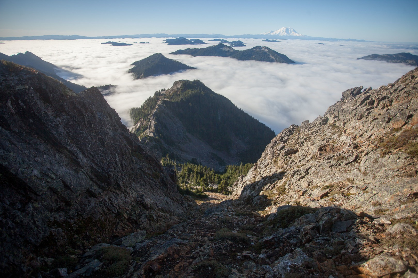 Looking down the south gully (crux of the standard route) toward Rainier.