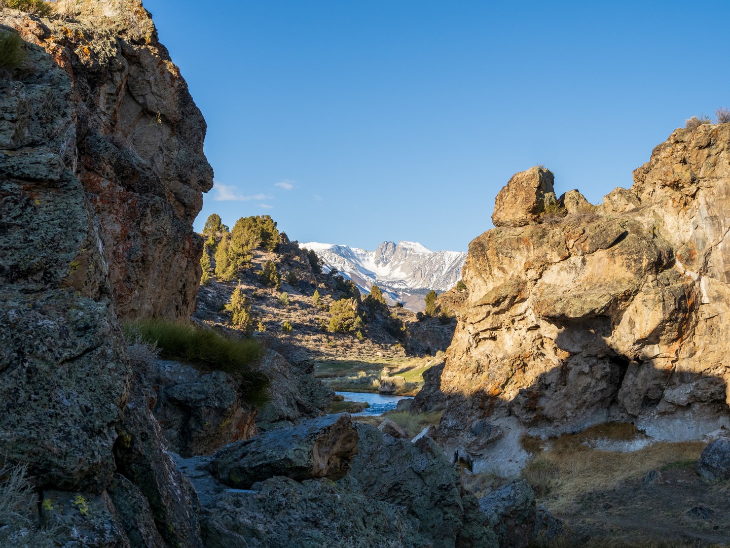 The Hot Creek Gorge Trail follows the creek upstream through occasionally rocky terrain.