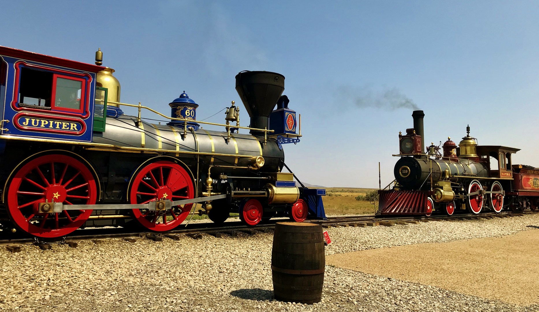 Union Pacific and Central Pacific replicas at the Golden Spike site.
